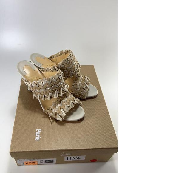 Meroine 85mm raffia Tan Woven fringe heels mules D985 - Picture 2 of 11